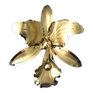 Vintage Orchid in Bloom Floral Jewelry Brooch Pin Light Gold Tone